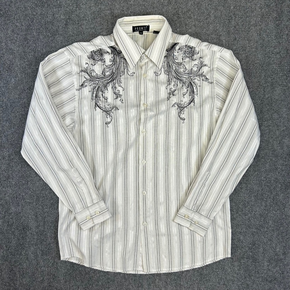 Pronti Collection by Phita Mens Medium White Striped Baroque Embroidered Shirt